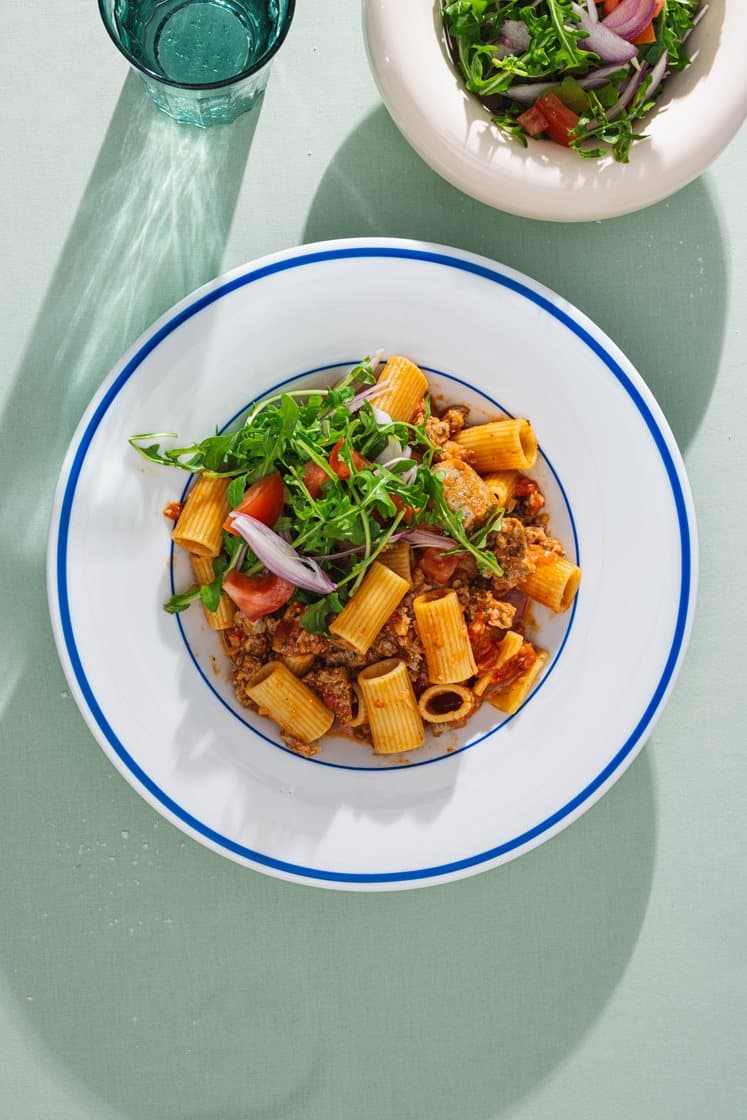 Pasta alla Zozzonna med salsicciapølse, ruccola og Grande Premium