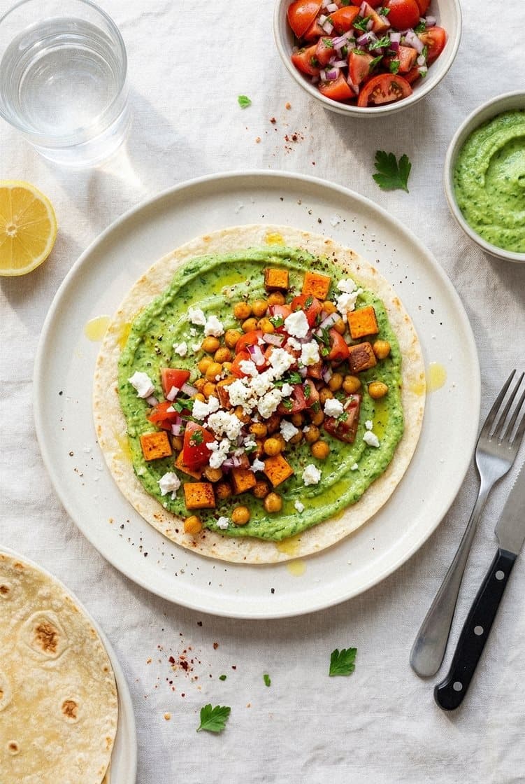 Wrap med bakt søtpotet og kikerter, tomatsalat, skjørost og purrekrem