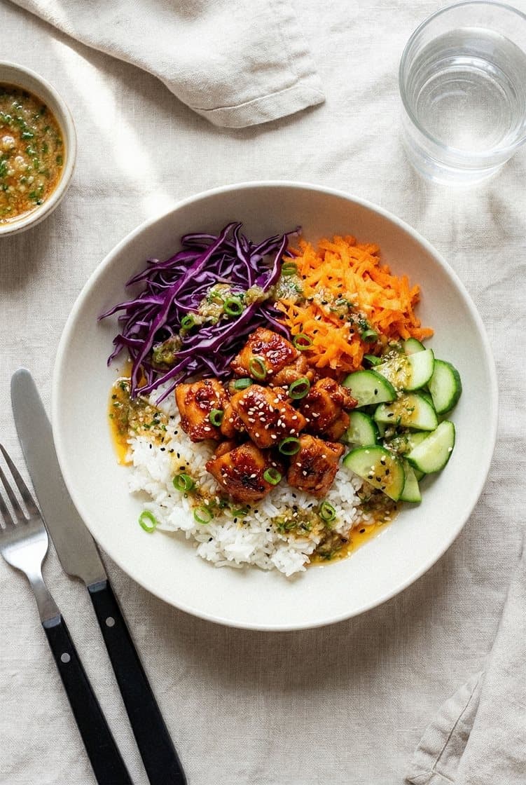 Koreansk kyllingbowl med ris, friske grønnsaker og hjemmelaget umamisaus