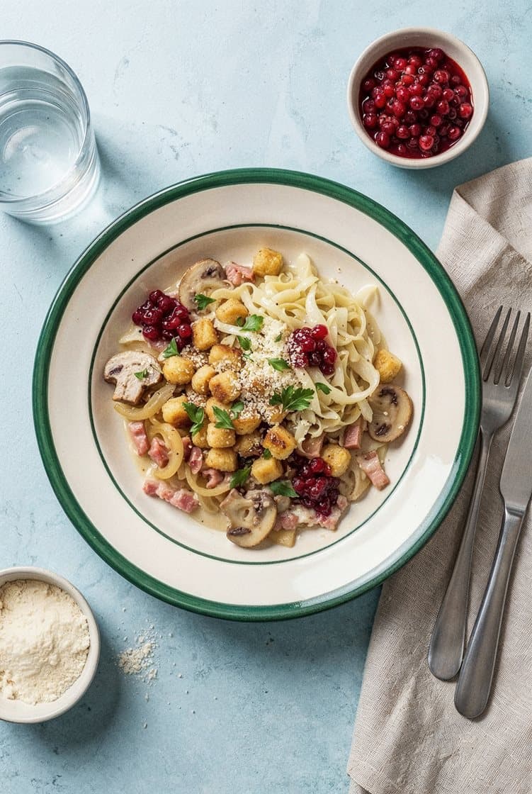 Sprø gnocchi og kremet soppsaus med bacon, Grana Padano og rørte tyttebær