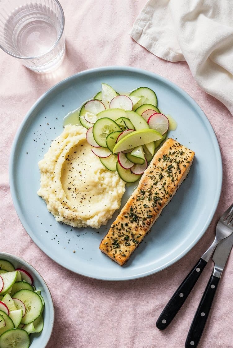 Krydderbakt laksefilet med frisk agurk-, reddik- og eplesalat og hjemmelaget potetmos