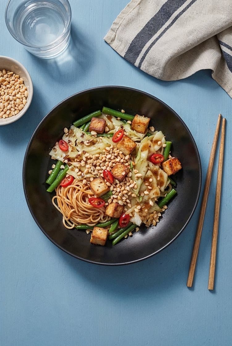 Spicy kålwok med eggnudler, sprøstekt tofu og peanøtter