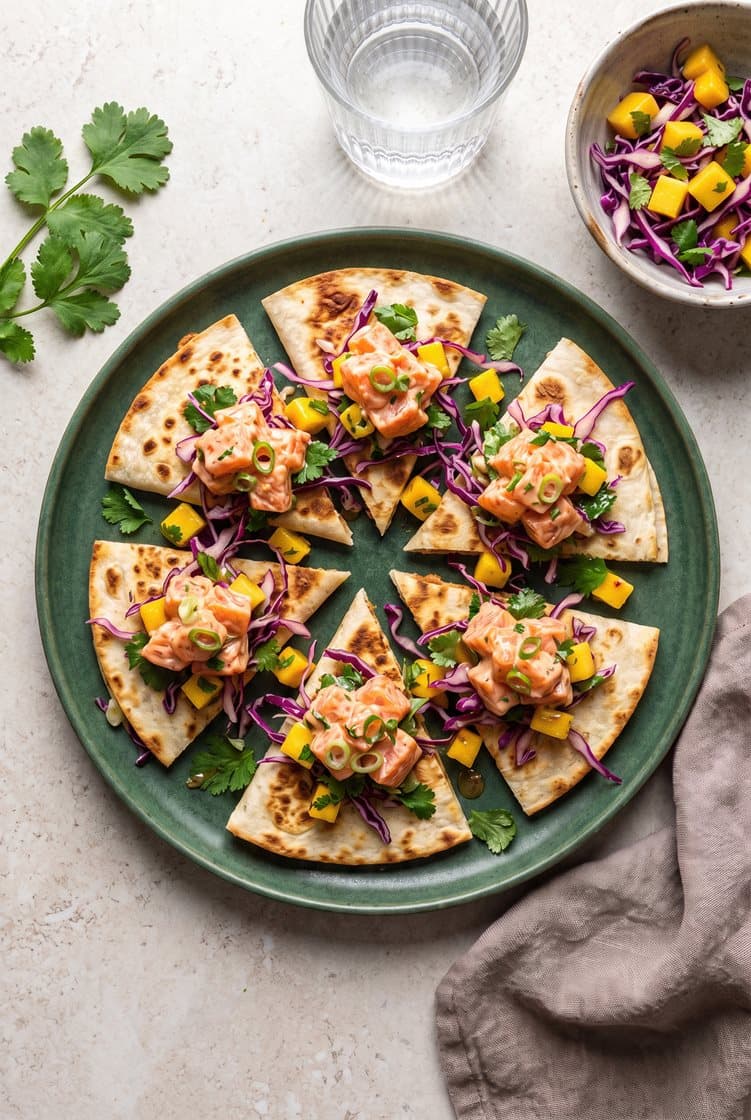 Crispy tortillas med creamy og spicy sashimi, mango, rødkål og koriander
