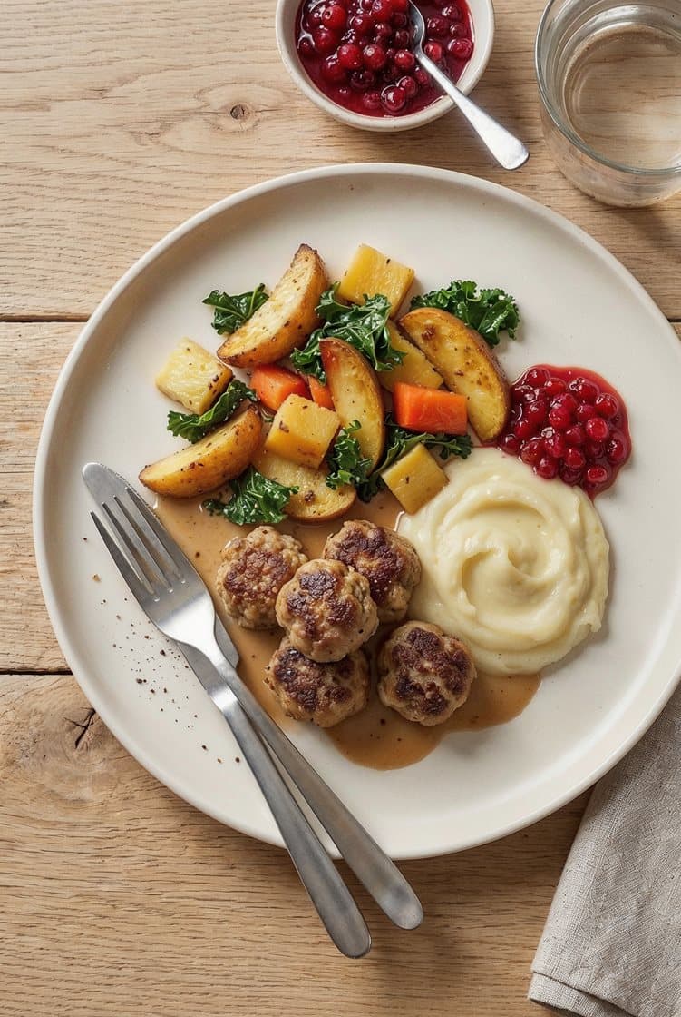 Svinekjøttboller i fløtesaus med ovnsbakte grønnsaker, moste jordskokker og tyttebær
