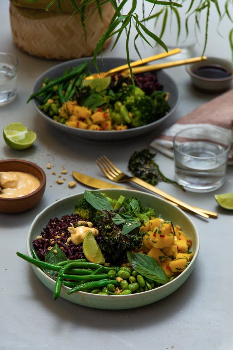 Vegetarisk bowl med grønnkålchips, mangosalat og chilimajones