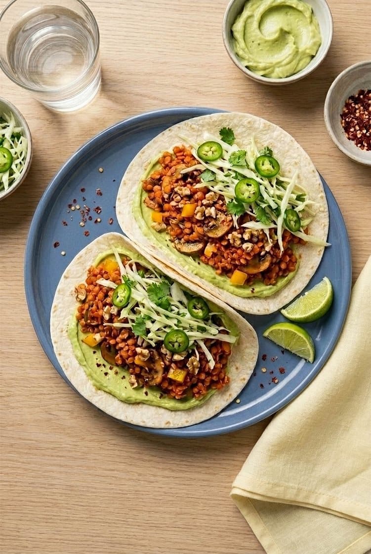 Spicy linsetacos med sopp, valnøtter, avokadokrem og jalapeño- og kålsalat