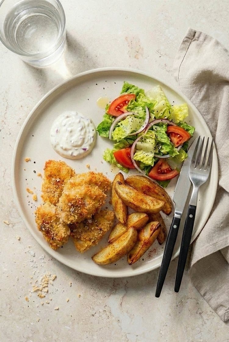Crispy kylling med krydrede potetbåter, hvitløksyoghurt og salat