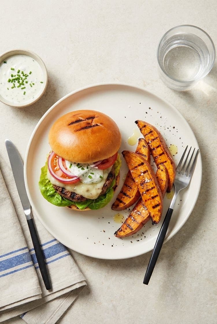 Grillet cheeseburger i briochebrød med ranchdressing, hjertesalat og bakt søtpotet