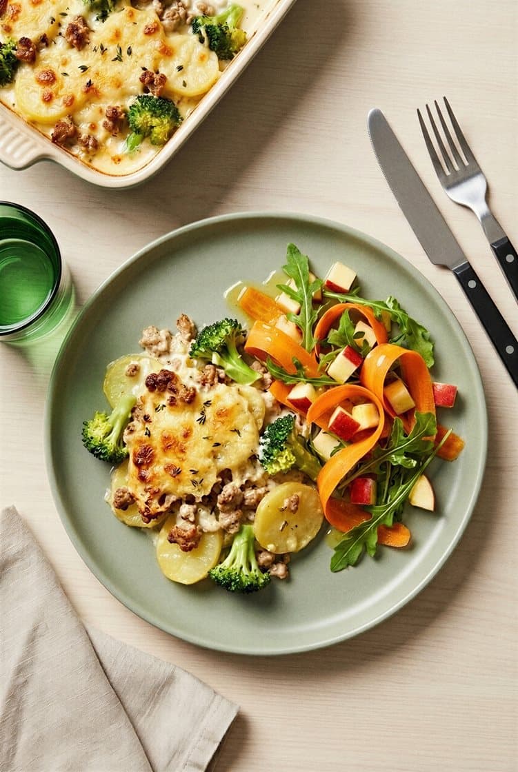 Kremet potet- og kyllinggrateng med gratinert brokkoli og frisk salat
