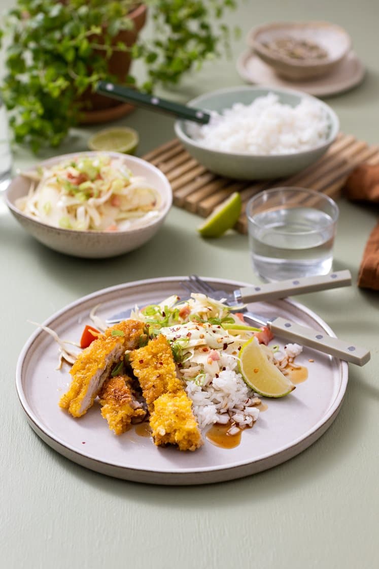 Japansk kyllingschnitzel med syrlig kålsalat, jasminris og teriyakisaus