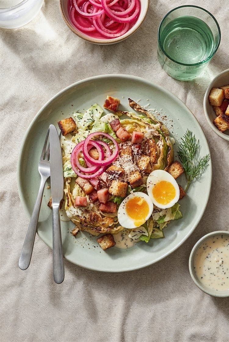Cabbage-cæsar med smilende egg, syltet rødløk og bacontopping