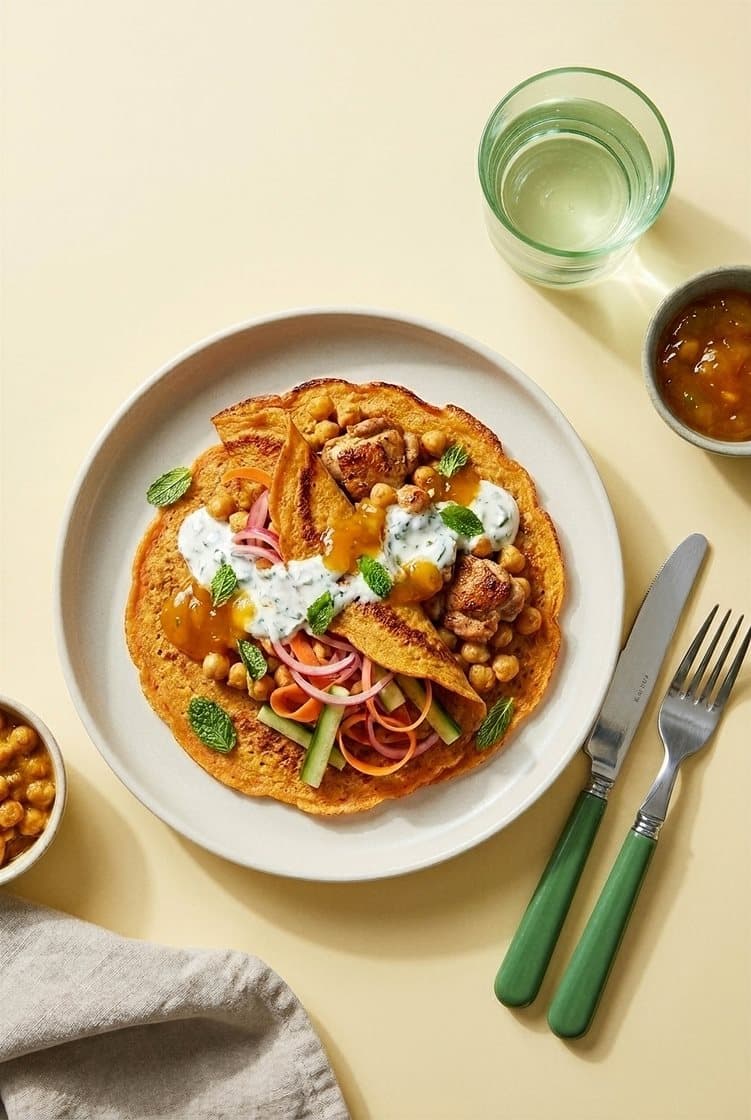 Linsepannekaker med kylling, currykremede kikerter og mynteyoghurt