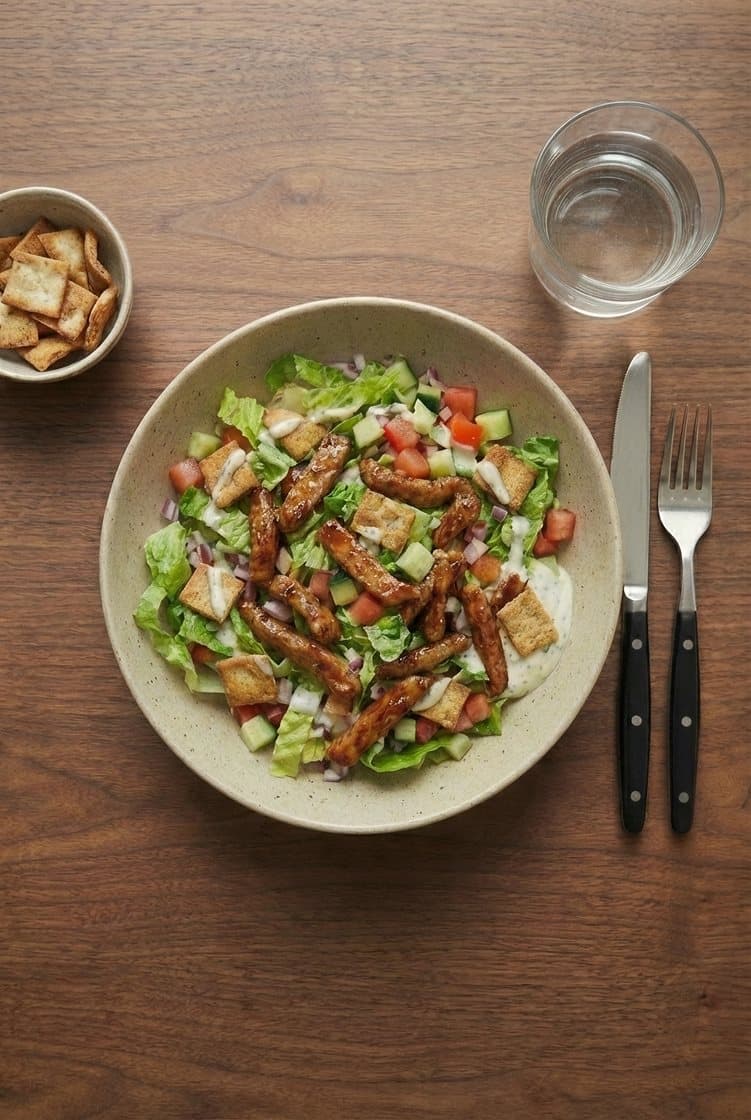 Fattoush-salat med strimlet svinekam og hvitløksdressing