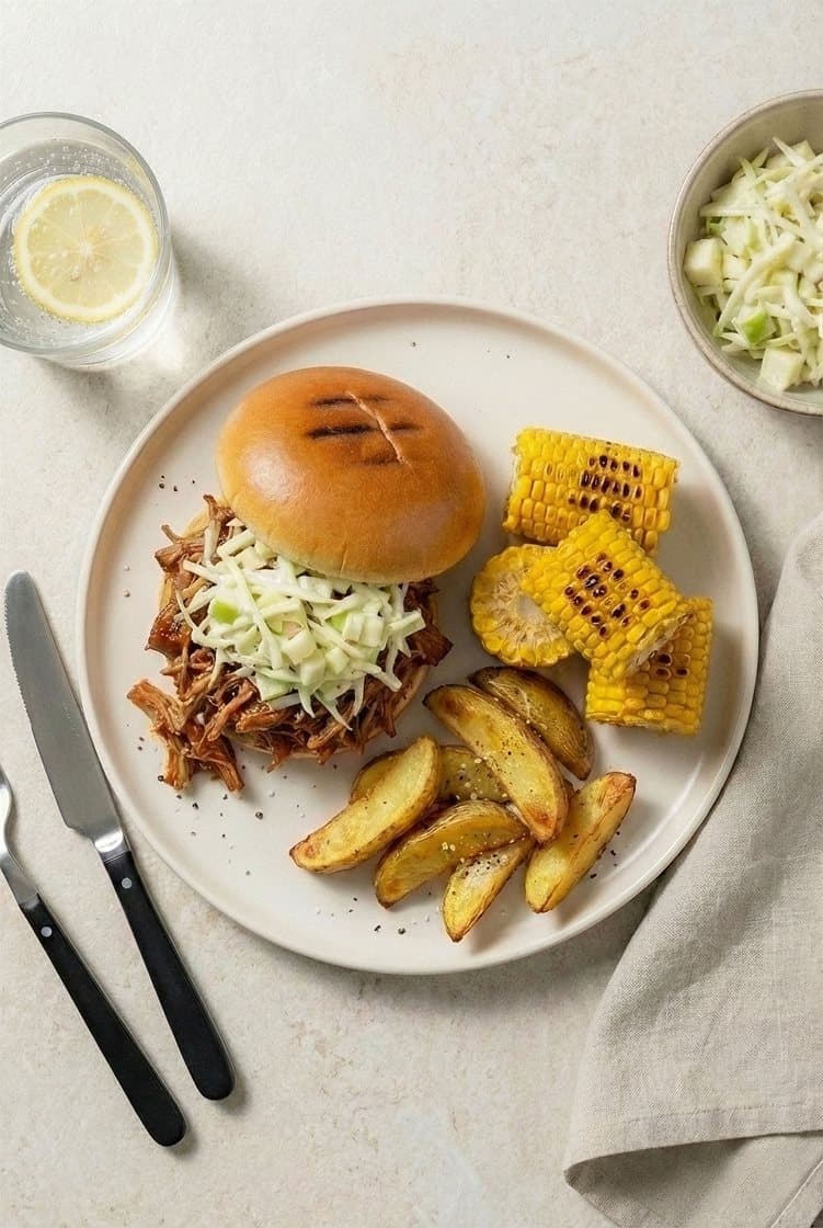 Grillet briocheburger med mørkokt svinebog, coleslaw, mais og potetbåter