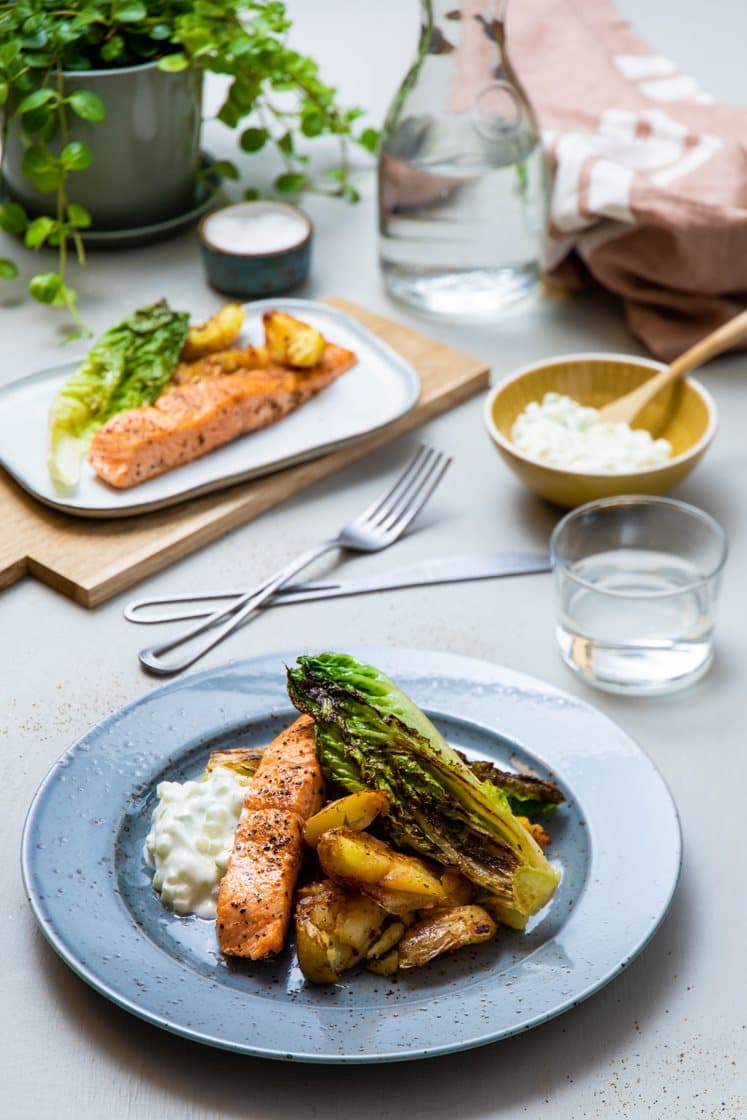 Sitruskrydret laksefilet med stekt hjertesalat og yoghurt- og epledressing