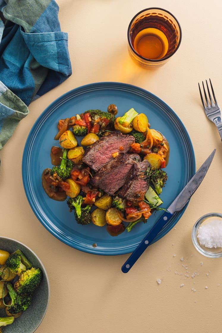 Minuttbiff og bakte poteter, servert med pannesaus med tomat og kapers