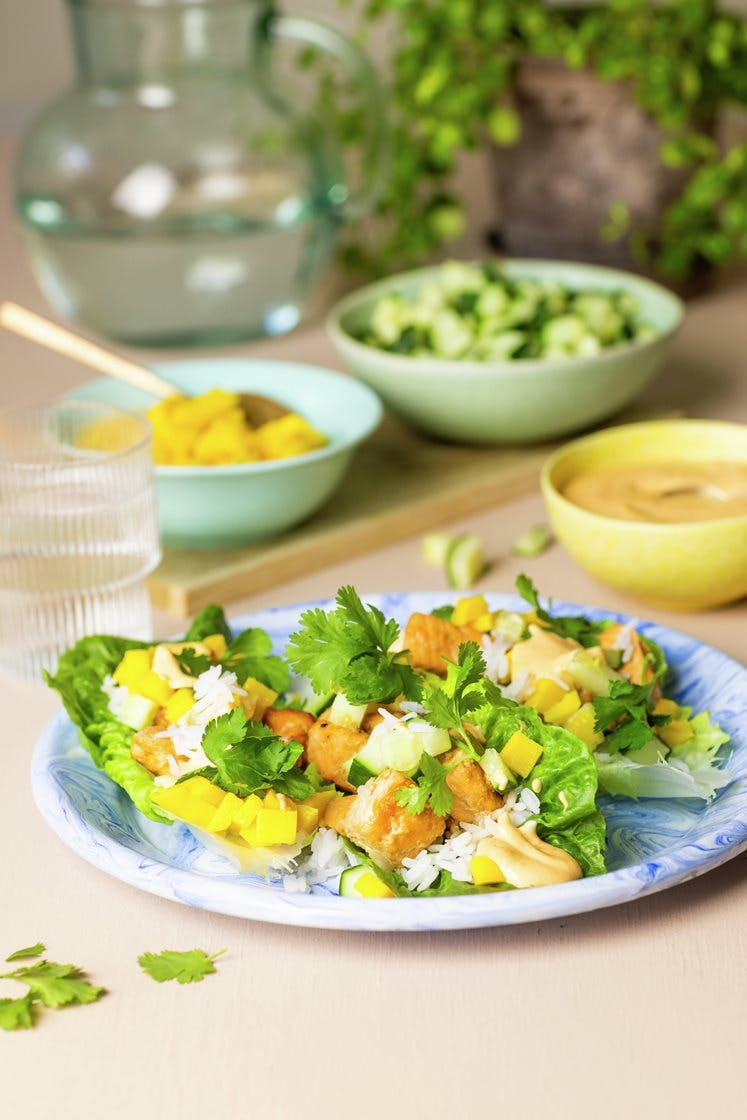 Bakt laks med kinesisk wok- og dippsaus i hjertesalat med mango og chilimajones 
