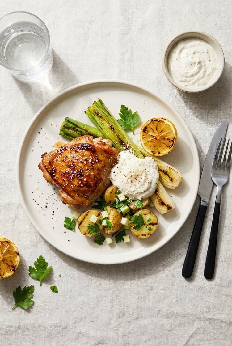 Grillet kyllinglår med skinn, myk purre, grillede poteter og Grana Padanokrem