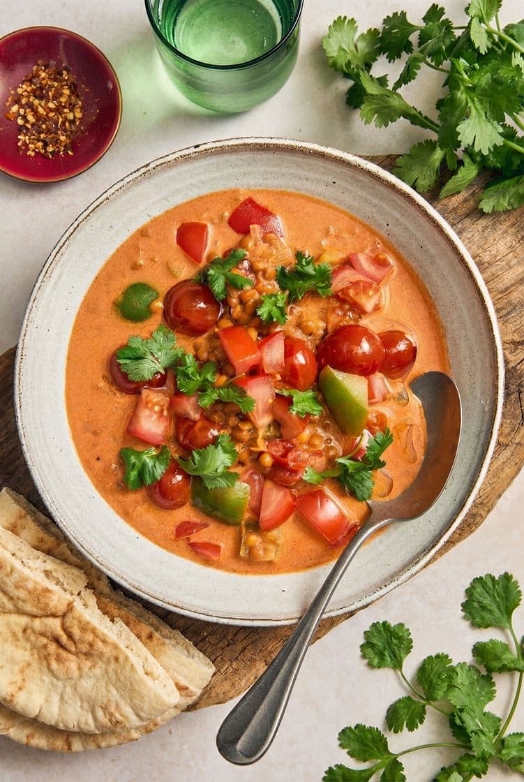 Vegetarcurry med linser, tomater og varme brød