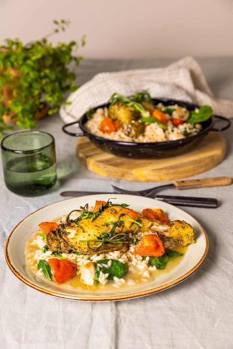 Grillede kyllinglår med provencekrydder, ovnsbakt tomat og sopprisotto