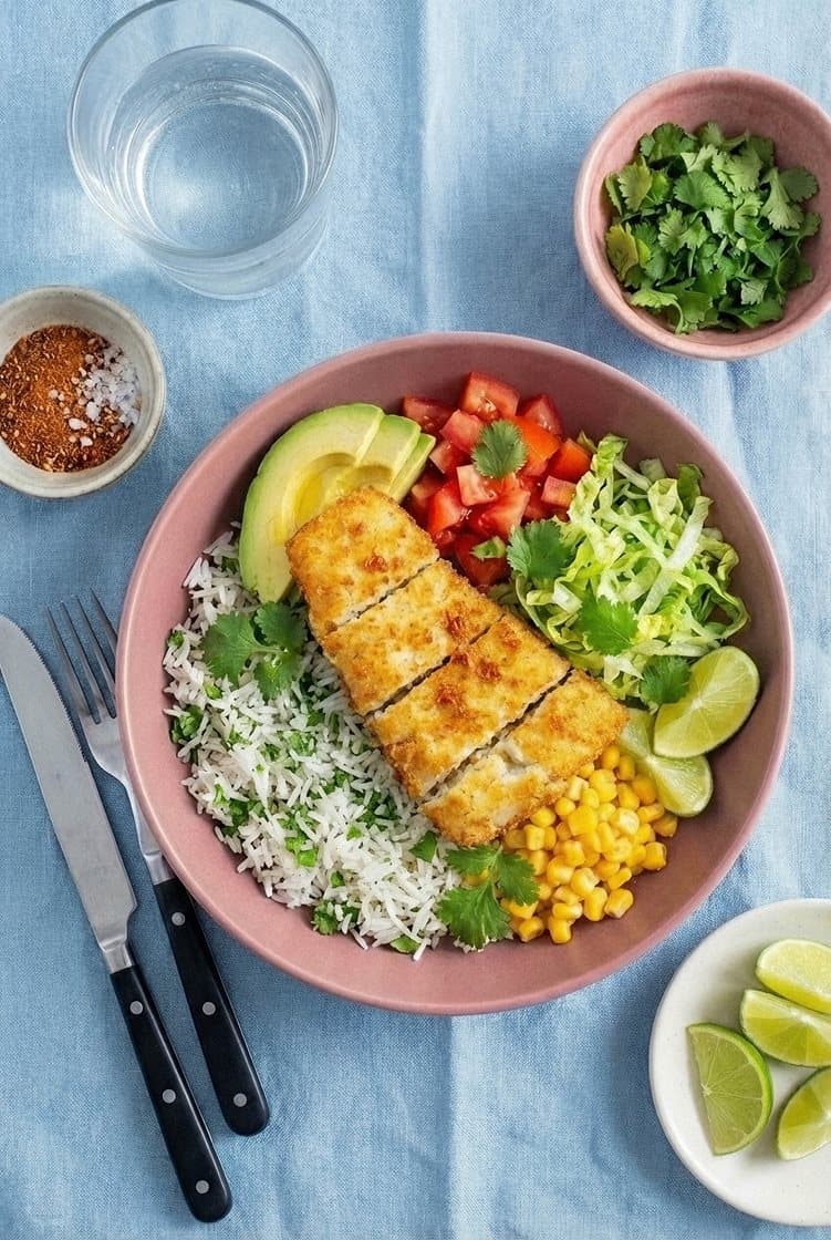 Taco bowl med sprøpanert fisk og korianderris