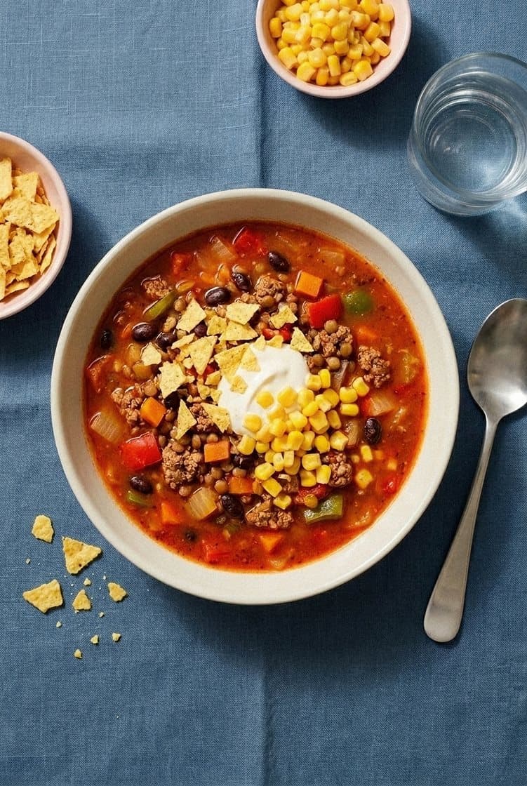 Mild tacosuppe laget av oksedeig med linser, toppet med rømme, tortillachips og mais