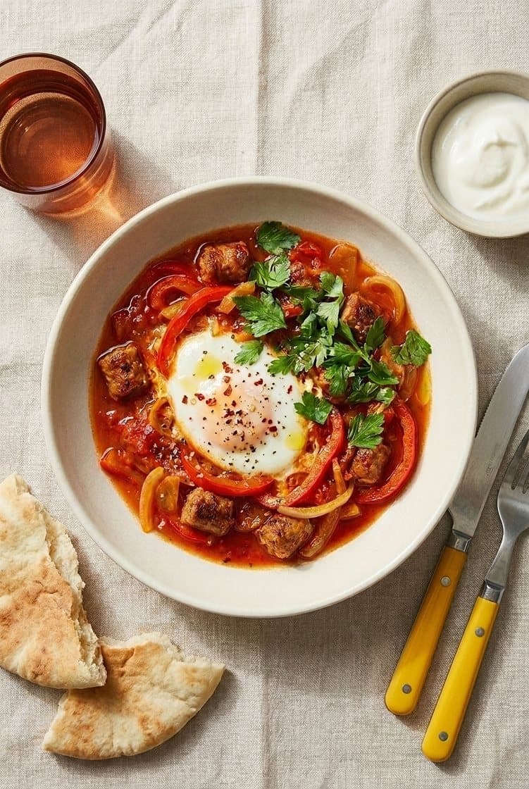 Shakshuka med salsicciapølser, paprika og krydret tomatsaus servert med multibrød og yoghurt