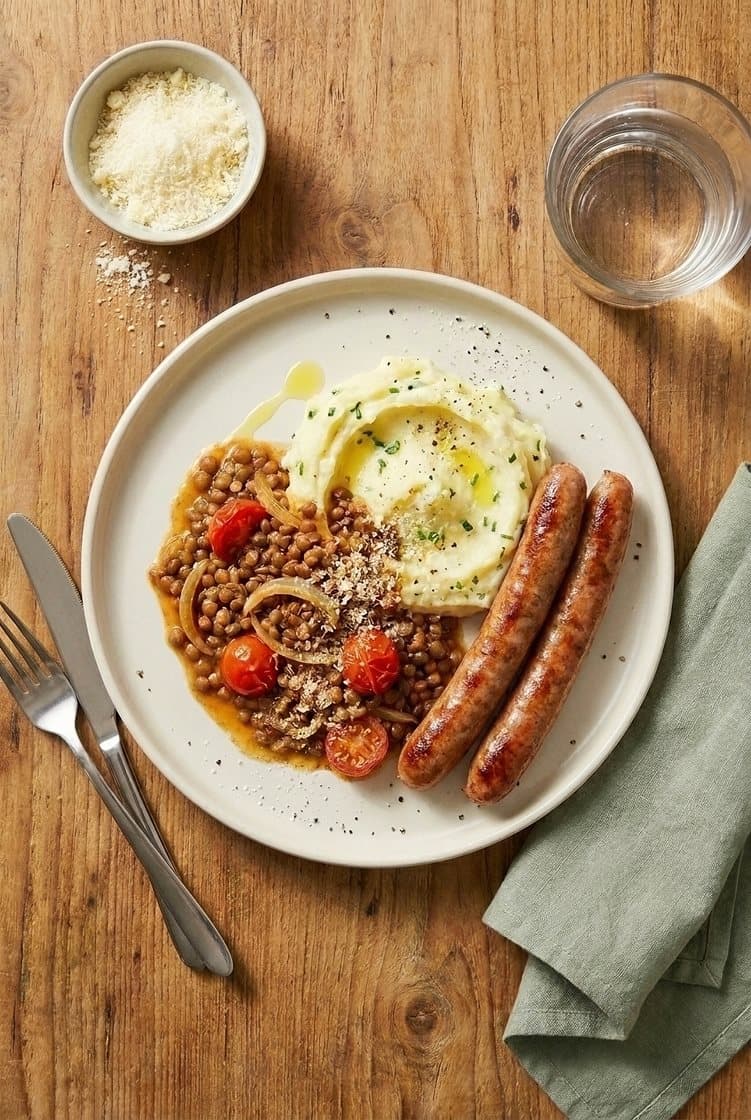 Stekte salsicciapølser med linsegryte og potetmos