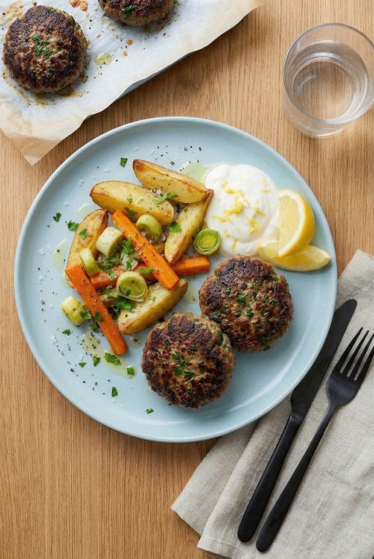 Persillebiffer med ovnsbakte rotgrønnsaker og sitronyoghurt