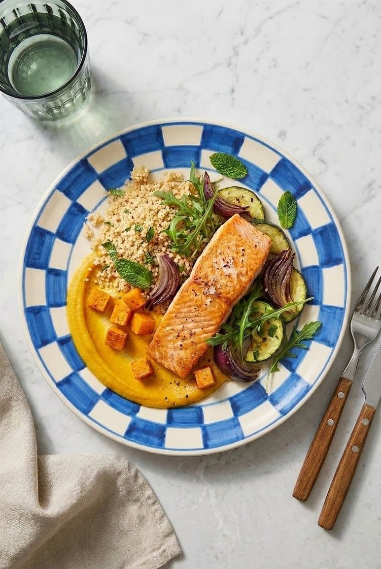 Pannestekt laks med gresskarkrem, couscous, bakt squash og mynte