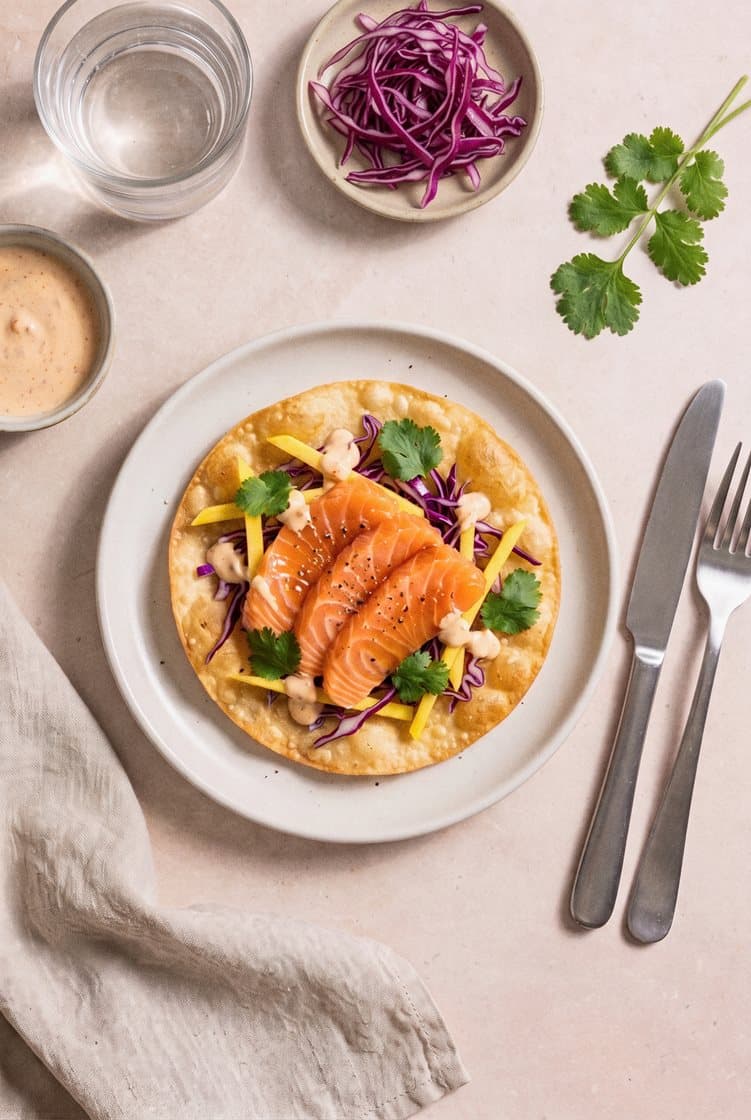 Crispy tortillas med creamy og spicy sashimi, mango, rødkål og koriander
