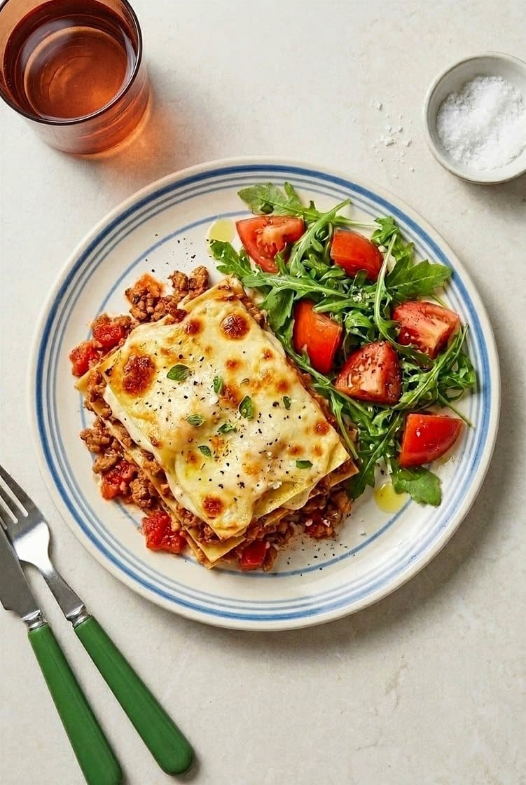 Plantebasert lasagne med ruccola- og tomatsalat