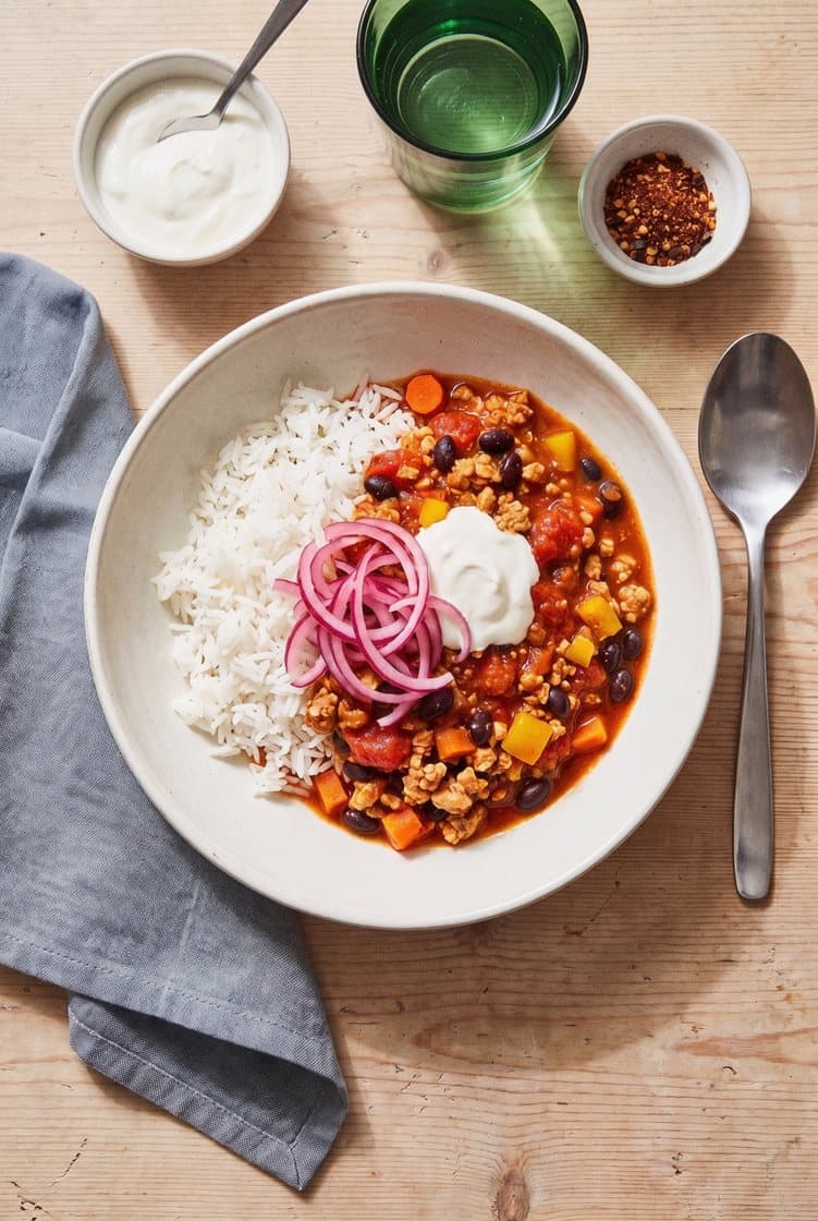 Chili con chicken med ris, paprika, svarte bønner og marinert rødløk