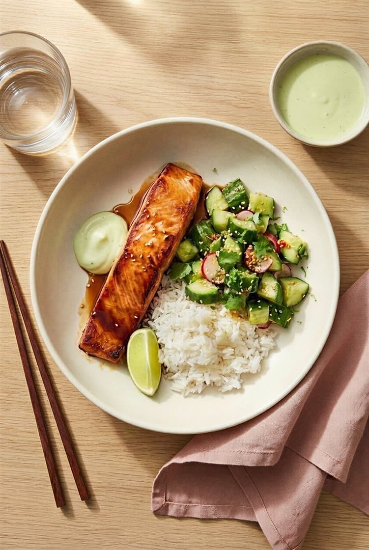 Lynstekt laks med honning- og soyaglaze, asiatisk agurksalat, limemajones og jasminris