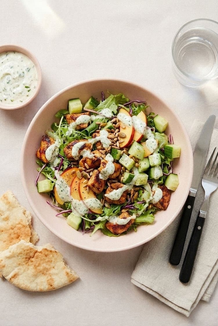 Frisk sommersalat med marinert kylling, nektarin og epletzatziki