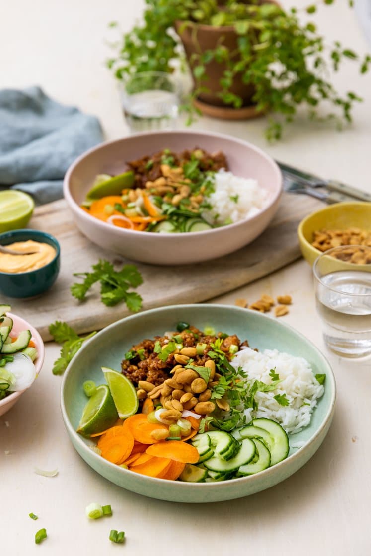 Teriyakistekt vegetardeig med ris, agurk, chilimajones og peanøtter