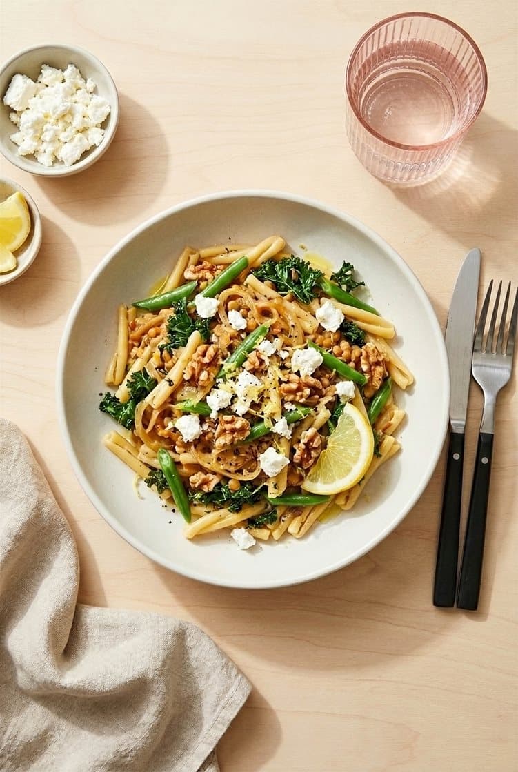 Pasta i karamellisert løk- og linsekompott med sprø grønnkål og fetaost