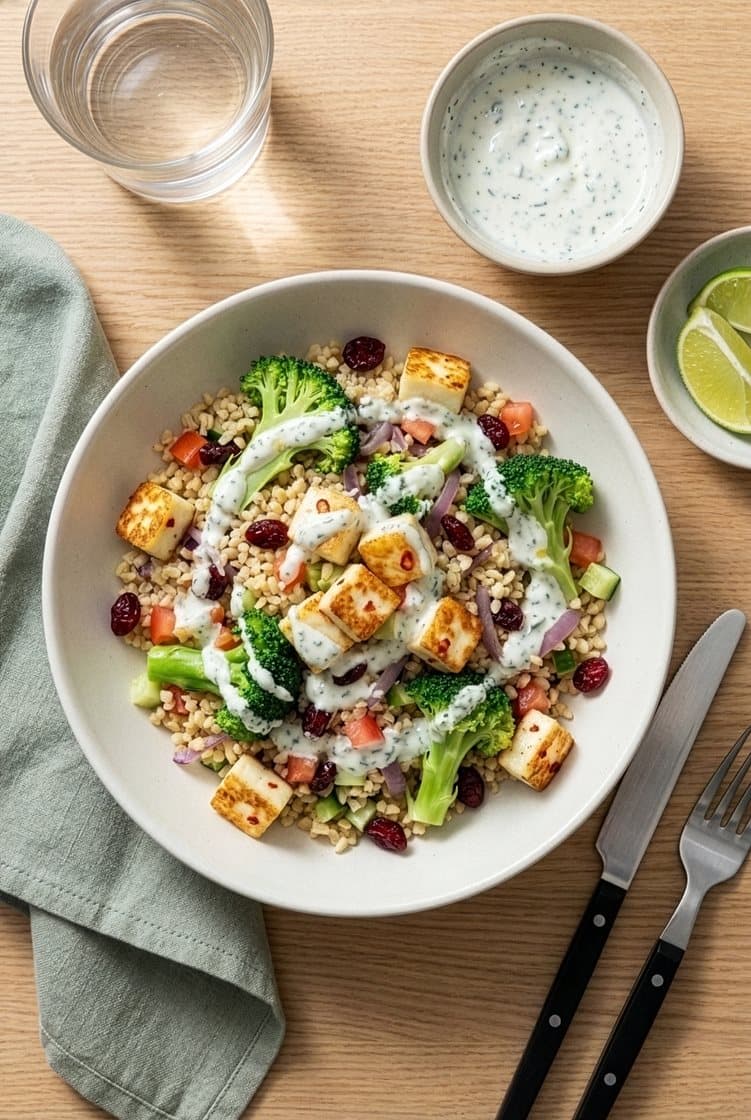 Brokkoli- og halloumisalat med bulgur, tranebær og yoghurtdipp