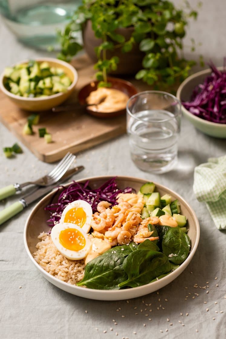 Rekebowl med ingefærsyltet rødkål, kokt egg, fullkornsris og chilimajones