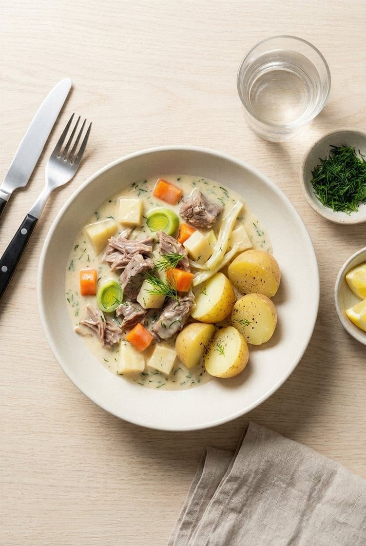 Lammefrikassé med fennikel, pastinakk og kokte poteter