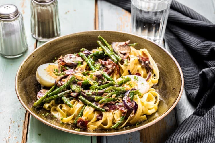 Kremet pasta tagliatelle med serranoskinke og egg Oppskrift Godtlevert