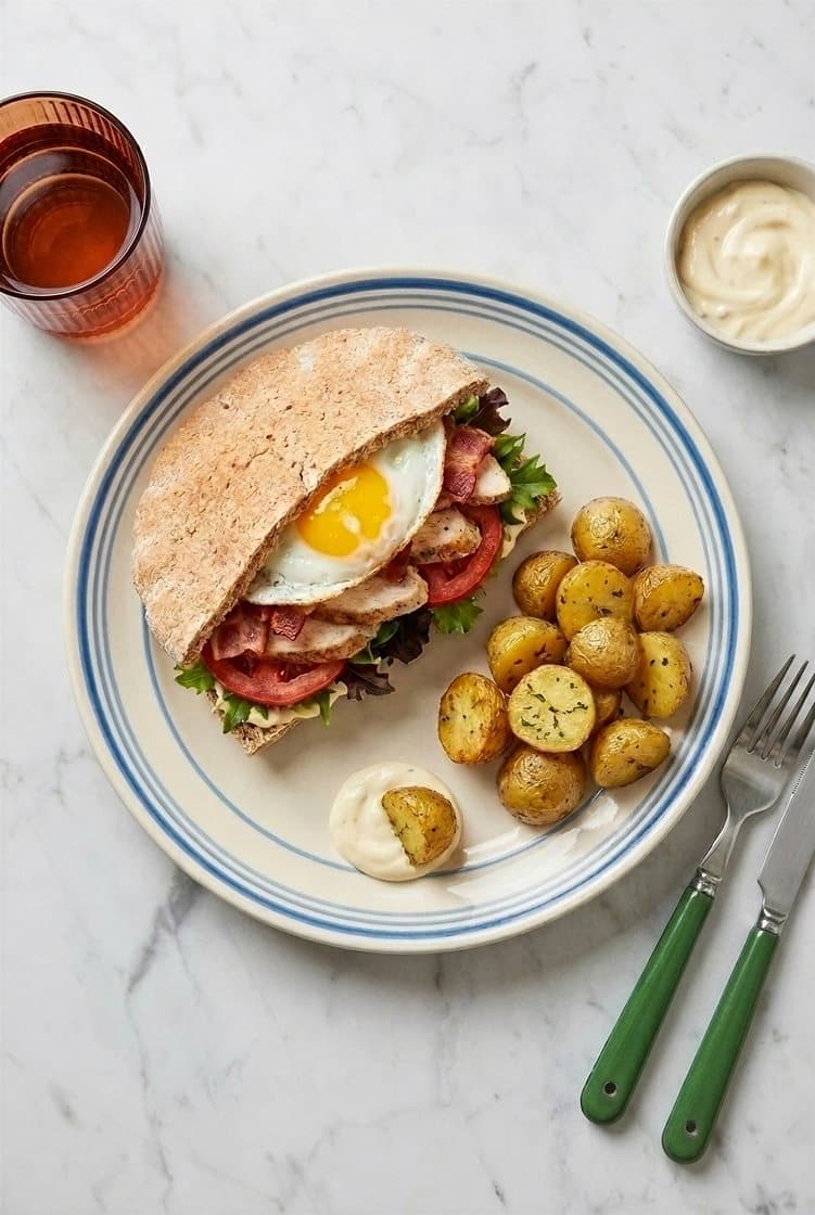 Club sandwich med kylling, bacon, egg og aioli
