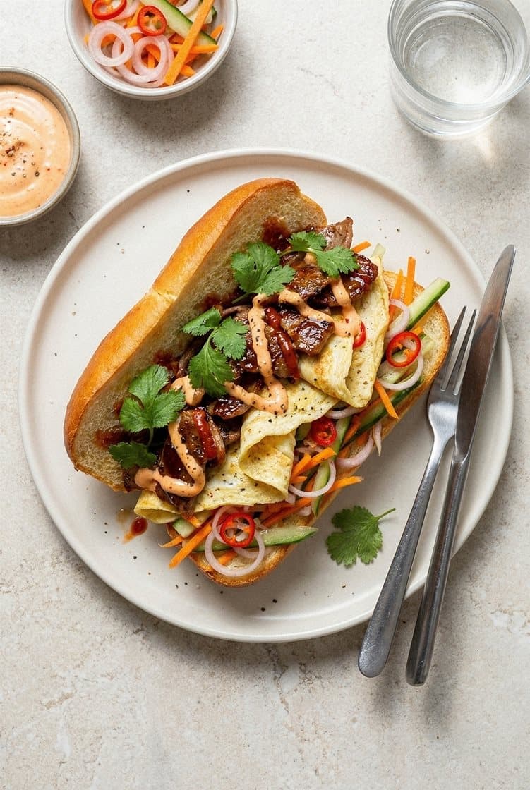 Vietnamesisk inspirert bagett med grillet gyroskjøtt, omelett, syltede grønnsaker og hoisinsaus