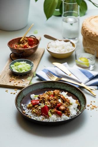 Kylling kung pao – marinert kylling med vårløk og peanøtter