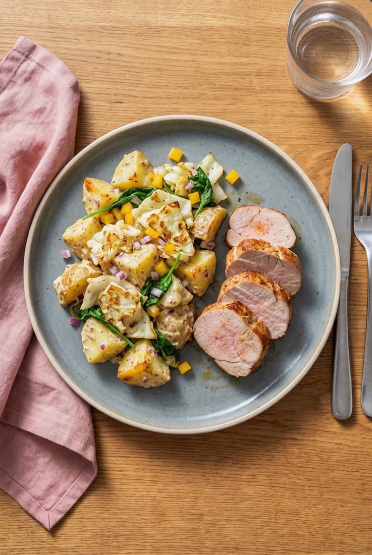 Svinefilet og bakt potetsalat med stekt hodekål, sennep og spinat