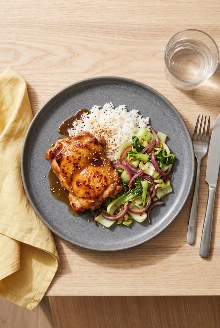 Soyaglasert kyllinglårfilet med spicy umami, ris og pak choy