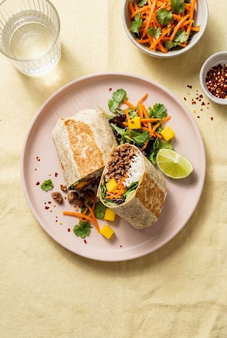 Asiatisk burrito fylt med svinedeig, ris, gulrotsalat og mango