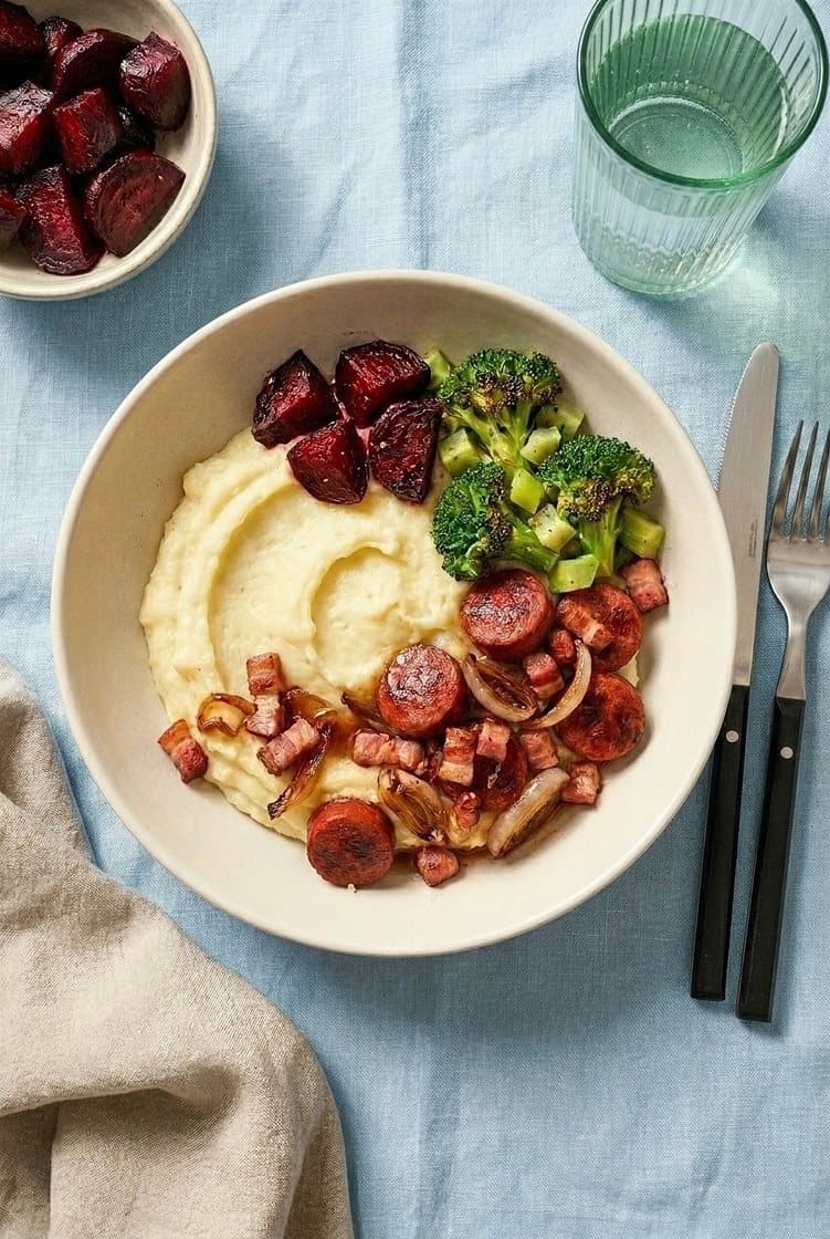 Brennende kjærlighet med stekt kjøttpølse, bacon og rødbete