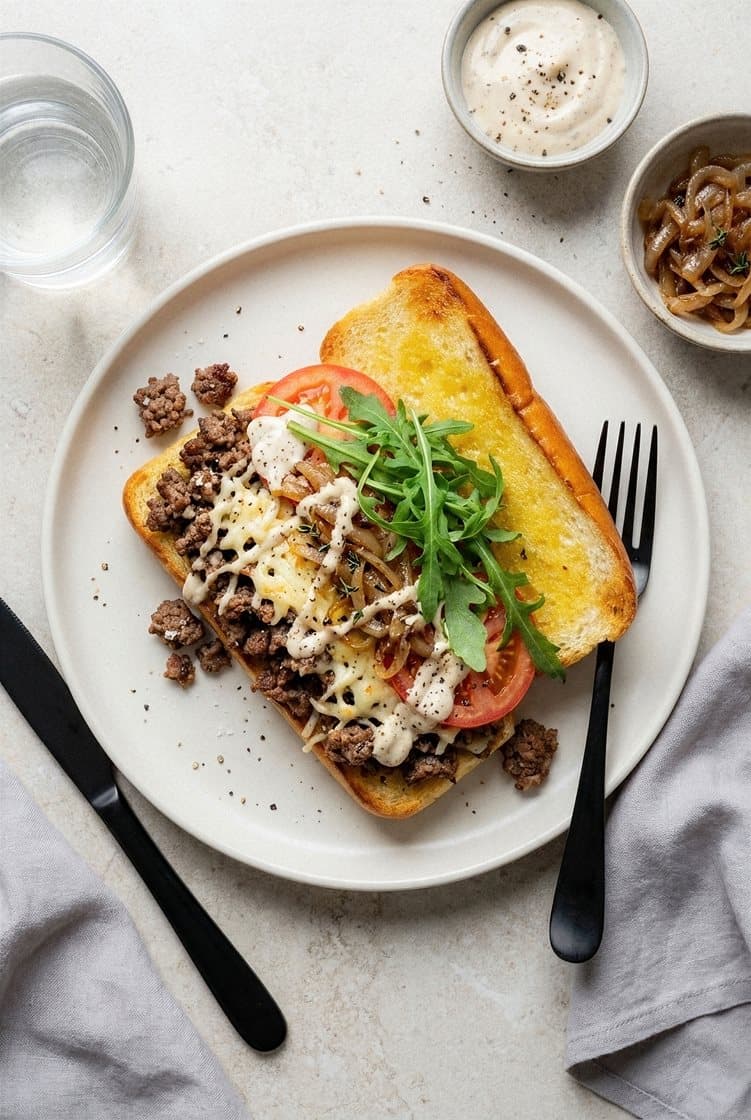 Gratinert briochebagett med kjøttdeig, tomat, ruccola og trøffelmajones