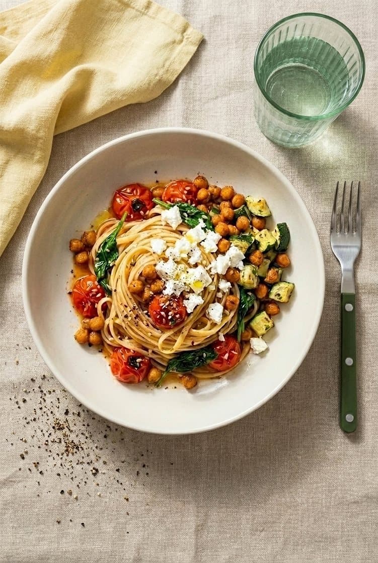 Pasta med ovnsbakte cherrytomater i ajvarsaus, sprø kikerter og fetaost